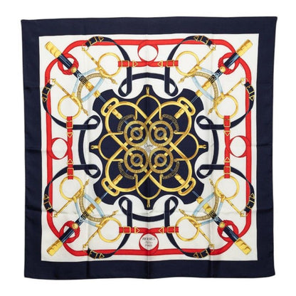 Hermes Carre 90 Yellow Gold Beat Eperon D'or Scarf Navy White Silk