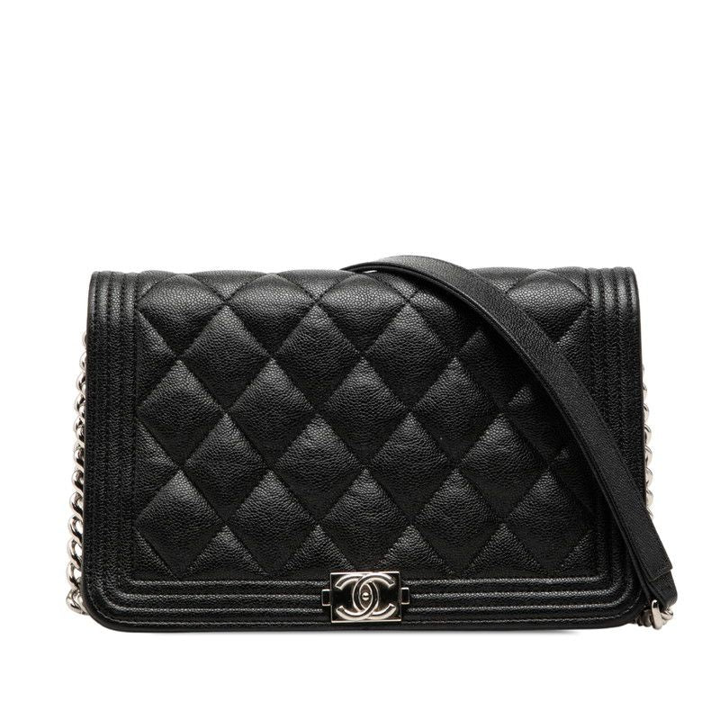 Chanel CC Logo Quilted Boy Chain Wallet Shoulder Bag Black Silver Caviar Leather