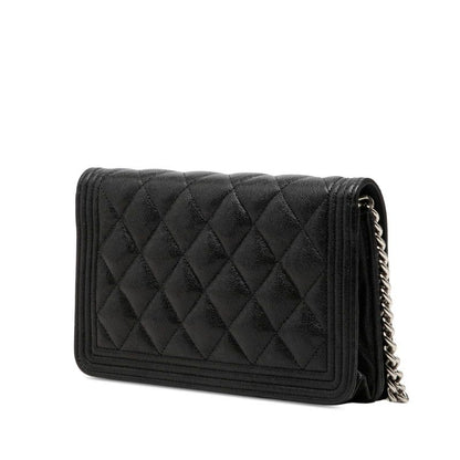 Chanel CC Logo Quilted Boy Chain Wallet Shoulder Bag Black Silver Caviar Leather — view 2