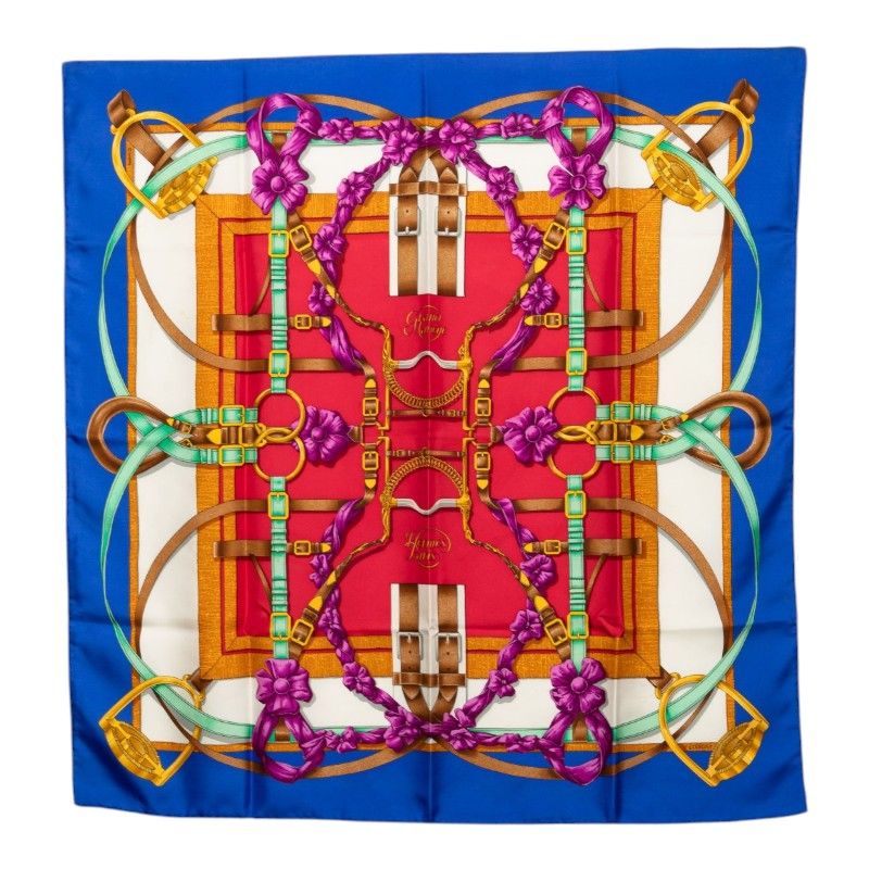 Hermes Carre 90 Grand Manege Great Training Technique Scarf Blue Red White Silk