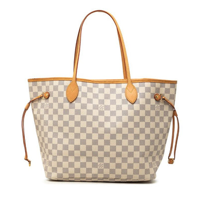 Louis Vuitton Damier Azur Neverfull MM Tote Shoulder Bag White Ivory Leather