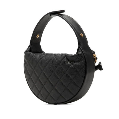Chanel CC Logo Quilted Mini Hobo Handbag Ribbon Chain Black Caviar Leather — view 2