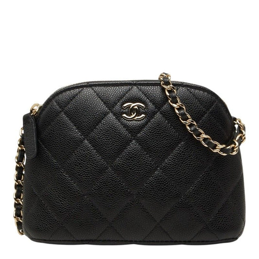 Chanel CC Logo Quilted Classic Chain Shoulder Bag Pochette Black Gold Caviar