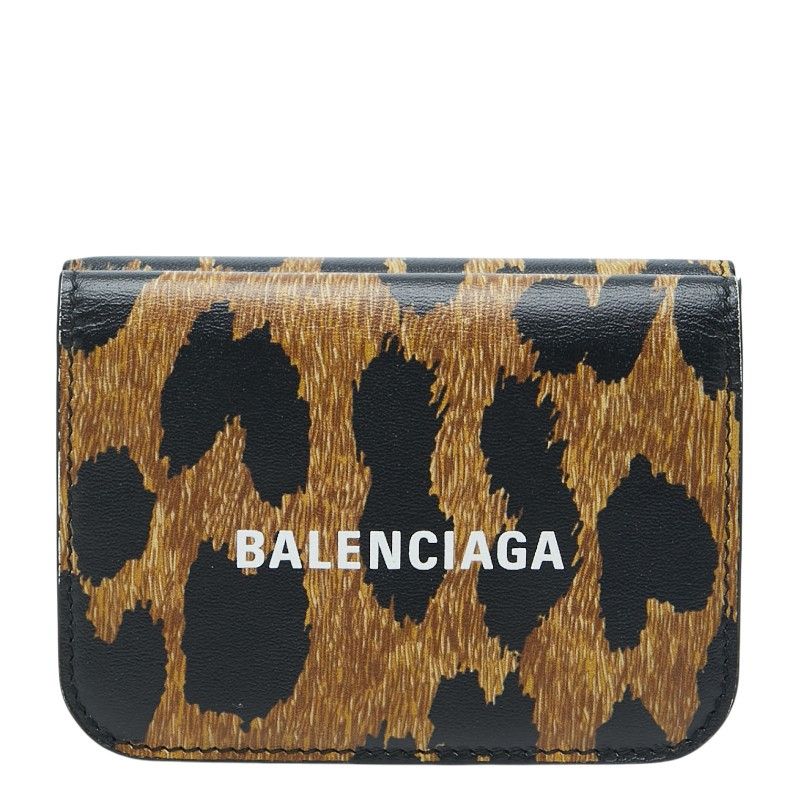 Balenciaga Leopard Trifold Wallet Compact Brown Black Leather