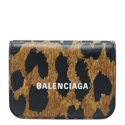 Balenciaga Leopard Trifold Wallet Compact Brown Black Leather