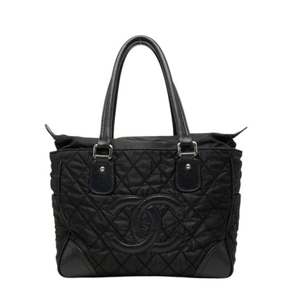 Chanel CC Logo Paris New York Line Tote Shoulder Bag Black Nylon Calf