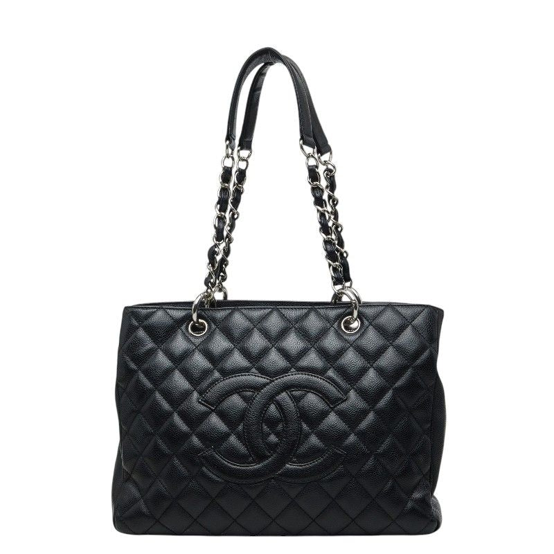Chanel CC Logo Grand Shopping Tote GST Chain Shoulder Bag Black Caviar Leather
