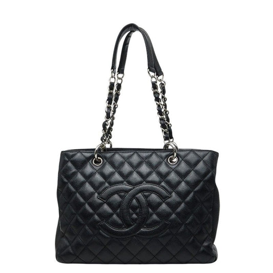 Chanel CC Logo Grand Shopping Tote GST Chain Shoulder Bag Black Caviar Leather