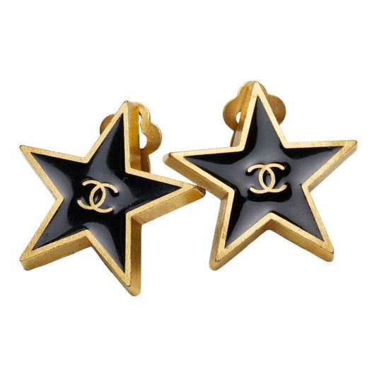 Chanel 01P CC Logo Star Motif Earrings 01 Black Gold Plated