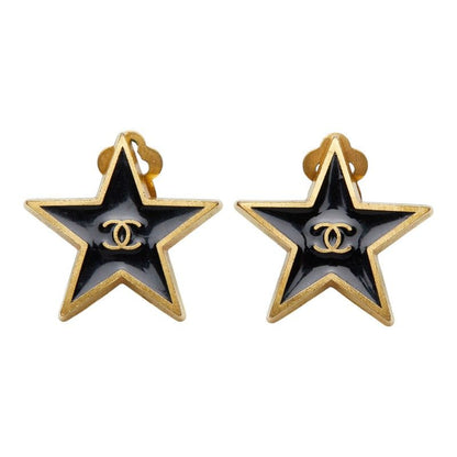 Chanel 01P CC Logo Star Motif Earrings 01 Black Gold Plated — view 2