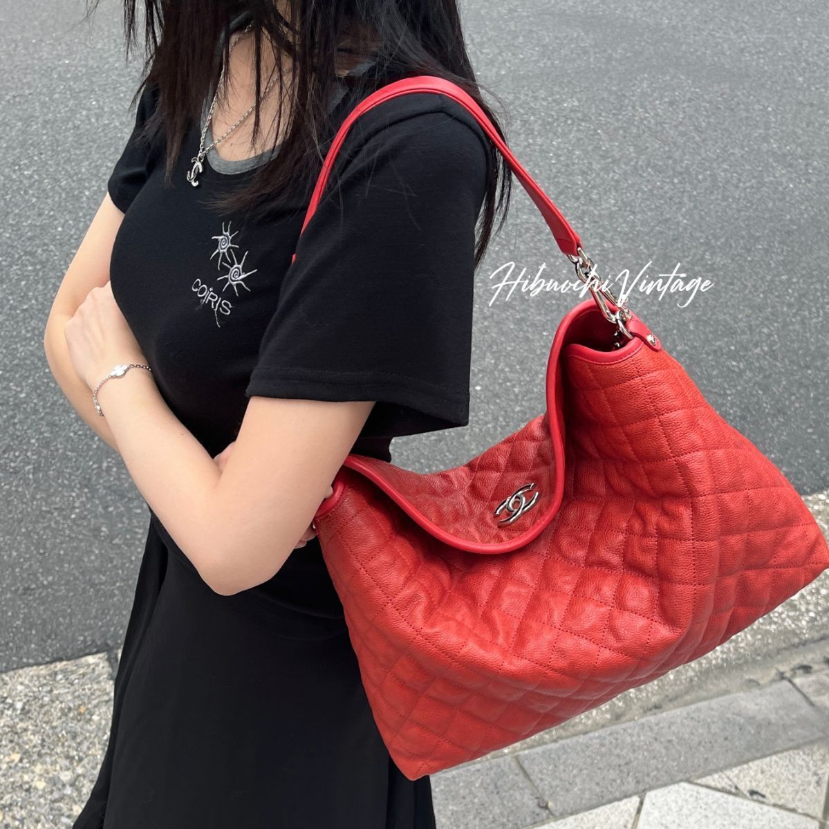 Chanel French Riviera Quilted CC Logo Shoulder Bag Caviar Leather Red Silver