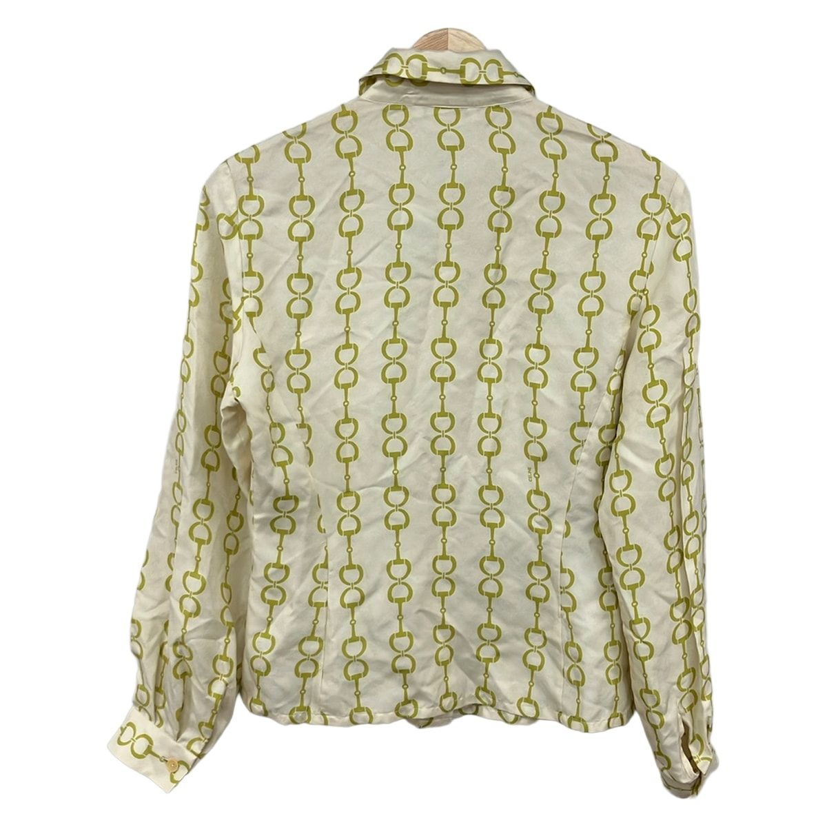 Celine Long Sleeve Shirt Blouse Ivory Yellow Green Silk Horsebit Pattern — view 2