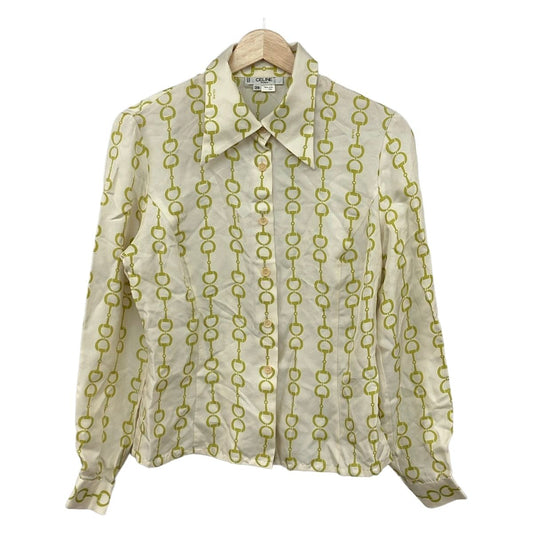 Celine Long Sleeve Shirt Blouse Ivory Yellow Green Silk Horsebit Pattern