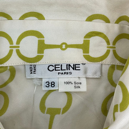 Celine Long Sleeve Shirt Blouse Ivory Yellow Green Silk Horsebit Pattern — view 3
