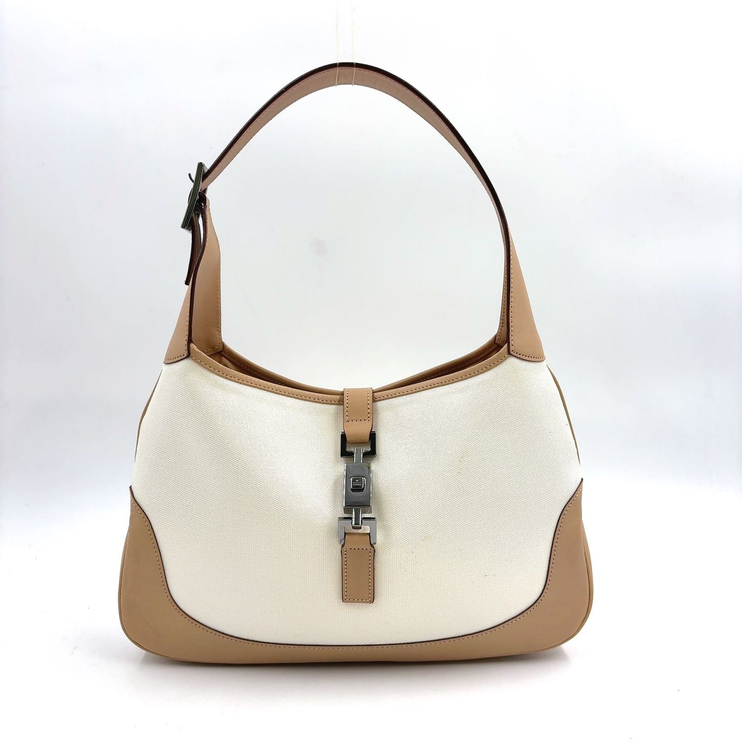 Gucci Jackie Leather Canvas White Lightbrown Oneshoulder Silver Handbag