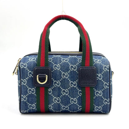 Gucci di Mini GG 2-Way Shoulder Leather Denim Blue Handbag Gold