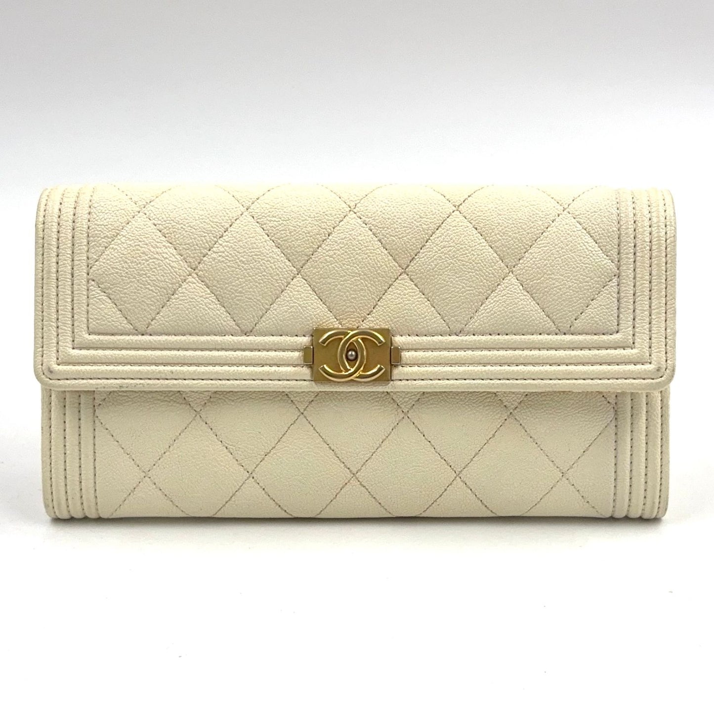 Chanel Boy Stand Caviar Leather Off White Wallet Gold