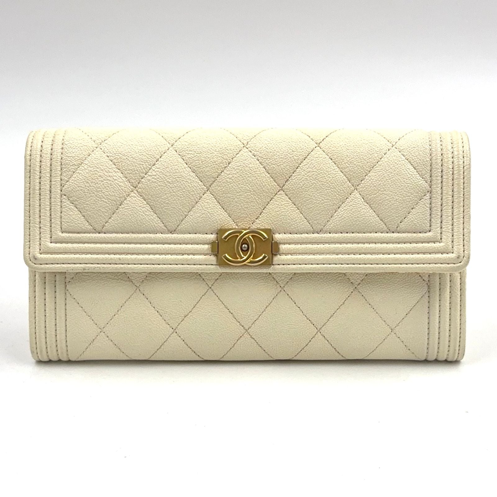 Chanel Boy Stand Caviar Leather Off White Wallet Gold