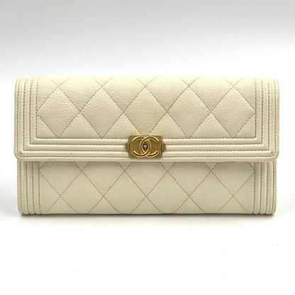 Chanel Boy Stand Caviar Leather Off White Wallet Gold