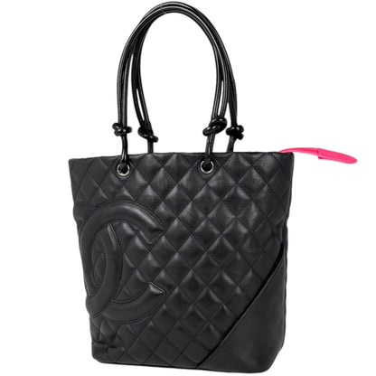 Chanel Cambon Line Tote CC Logo Handbag Leather Black