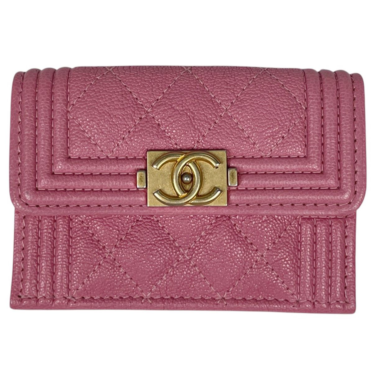 Chanel Trifold Wallet CC Logo Boy Small Caviar Leather Pink