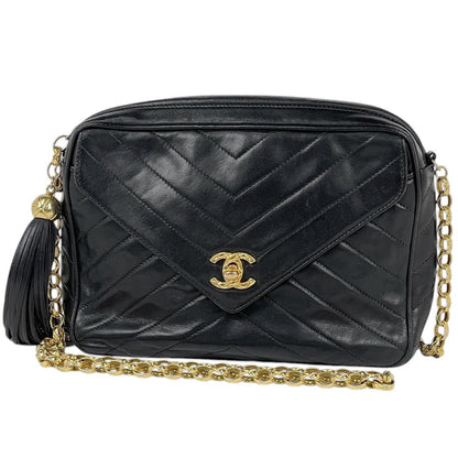 Chanel Shoulder Bag CC Logo Tassel Leather Black