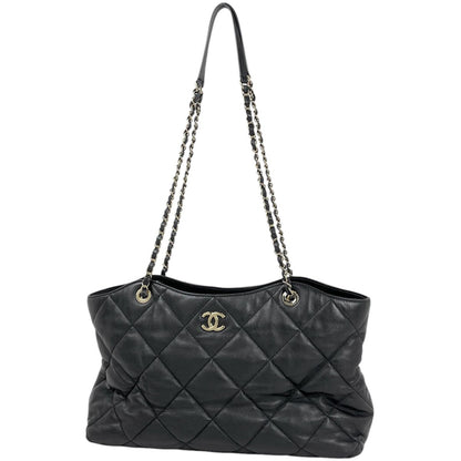 Chanel Tote CC Logo Quilted 2-Way Drawstring Leather Black