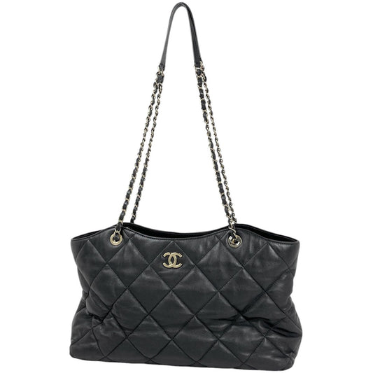 Chanel Tote CC Logo Quilted 2-Way Drawstring Leather Black