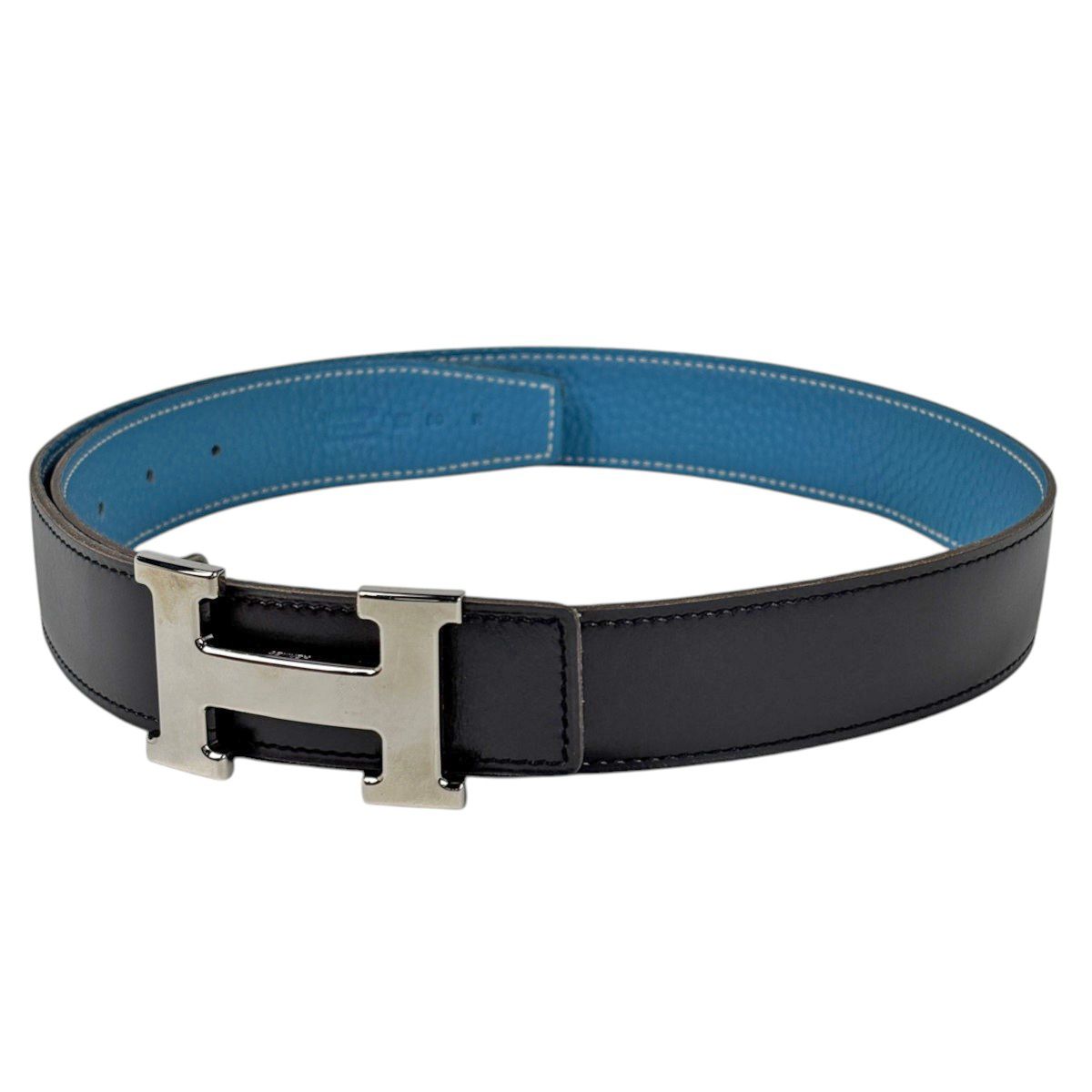 Hermes Belt Constance Reversible Box Calf Taurillon Clemence Black Blue Jeans