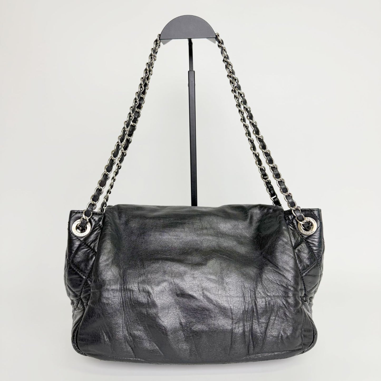 Chanel CC Logo Chain Shoulder Bag Leather Black Silver Vintage — view 5