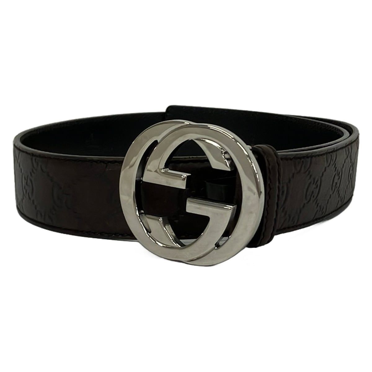 Gucci Belt 85 34 Dark Brown Silver Interlocking Guccissima Line Leather