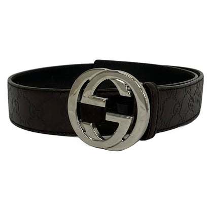Gucci Belt 85 34 Dark Brown Silver Interlocking Guccissima Line Leather