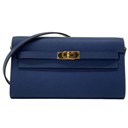 Hermes Wallet Kelly Long Tougo Blue Navy Shoulder Gold