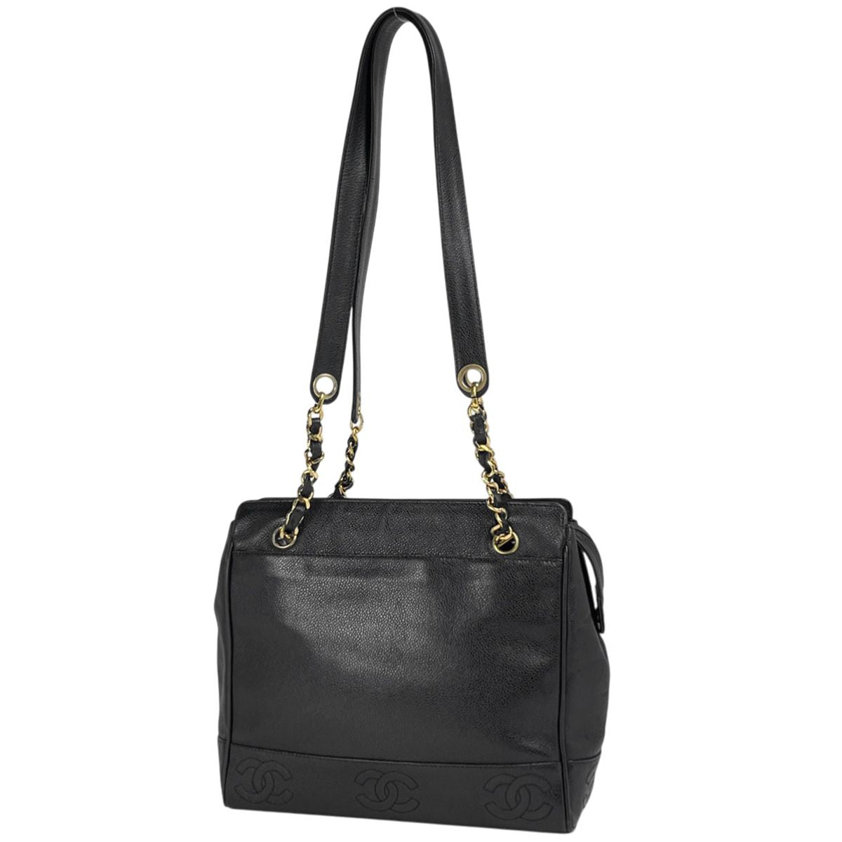 Chanel Triple CC Logo Chain Tote Shoulder Bag Caviar Leather Black