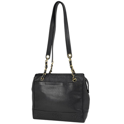 Chanel Triple CC Logo Chain Tote Shoulder Bag Caviar Leather Black