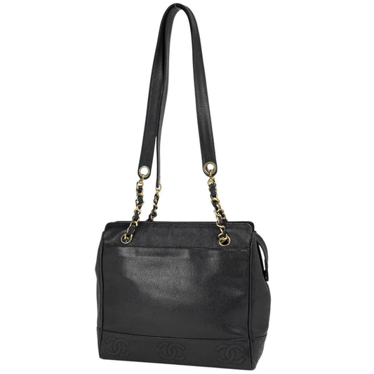 Chanel Triple CC Logo Chain Tote Shoulder Bag Caviar Leather Black