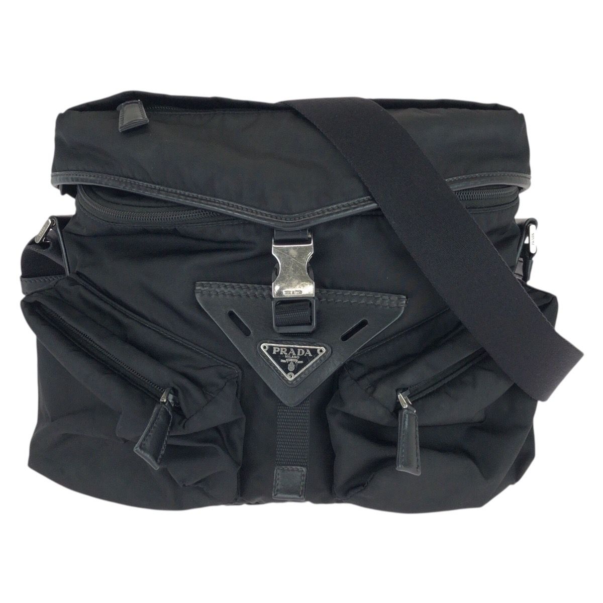 Prada Tessuto Black Silver Nylon Leather Shoulder