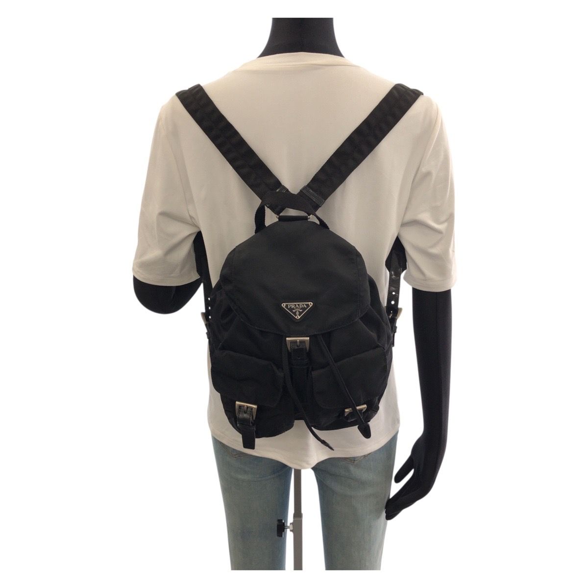 Prada Tessuto Black Silver Nylon Leather Backpack — view 7
