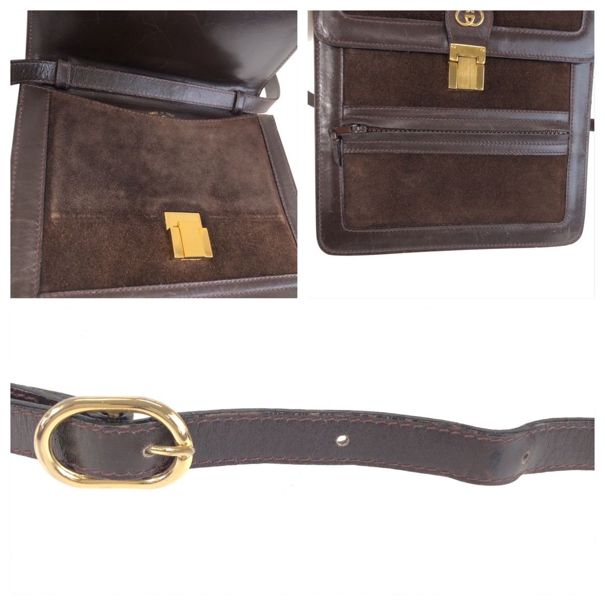 Gucci Vintage Sherry Line Brown Gold Suede Leather Shoulder — view 6
