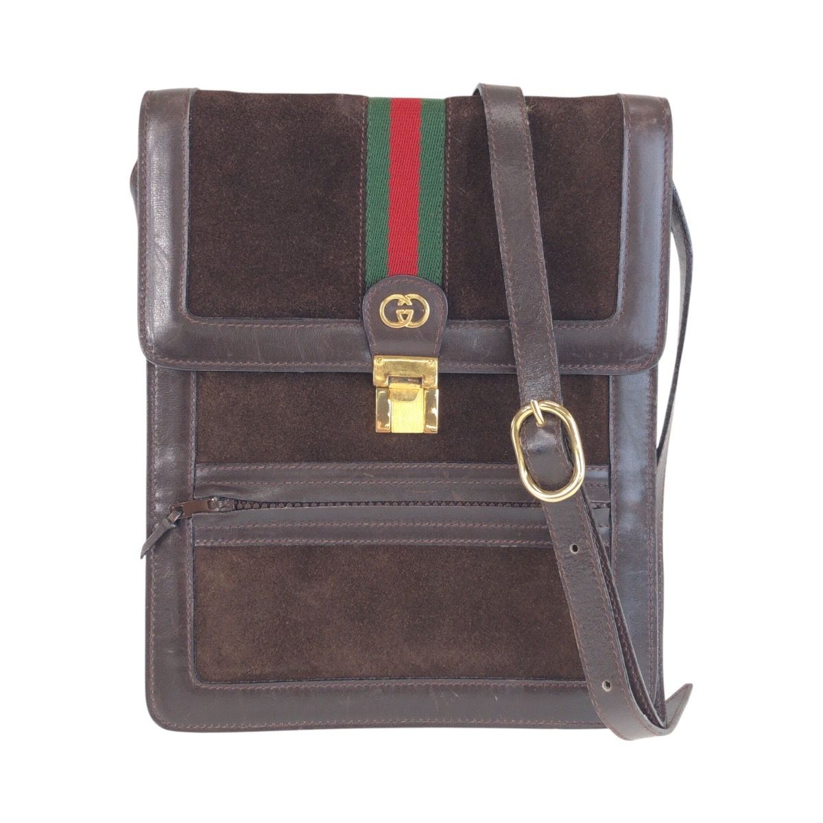 Gucci Vintage Sherry Line Brown Gold Suede Leather Shoulder