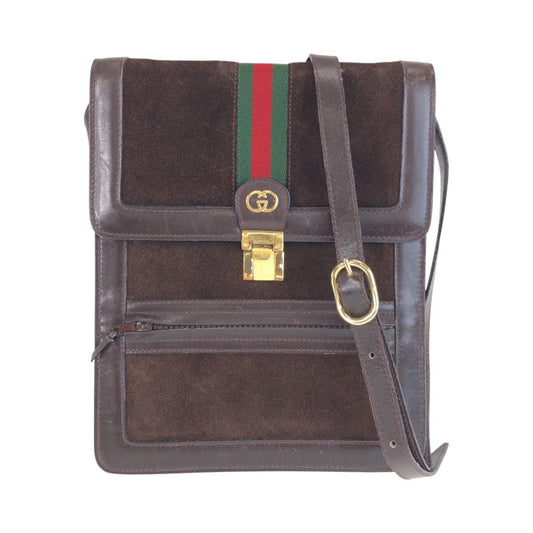 Gucci Vintage Sherry Line Brown Gold Suede Leather Shoulder