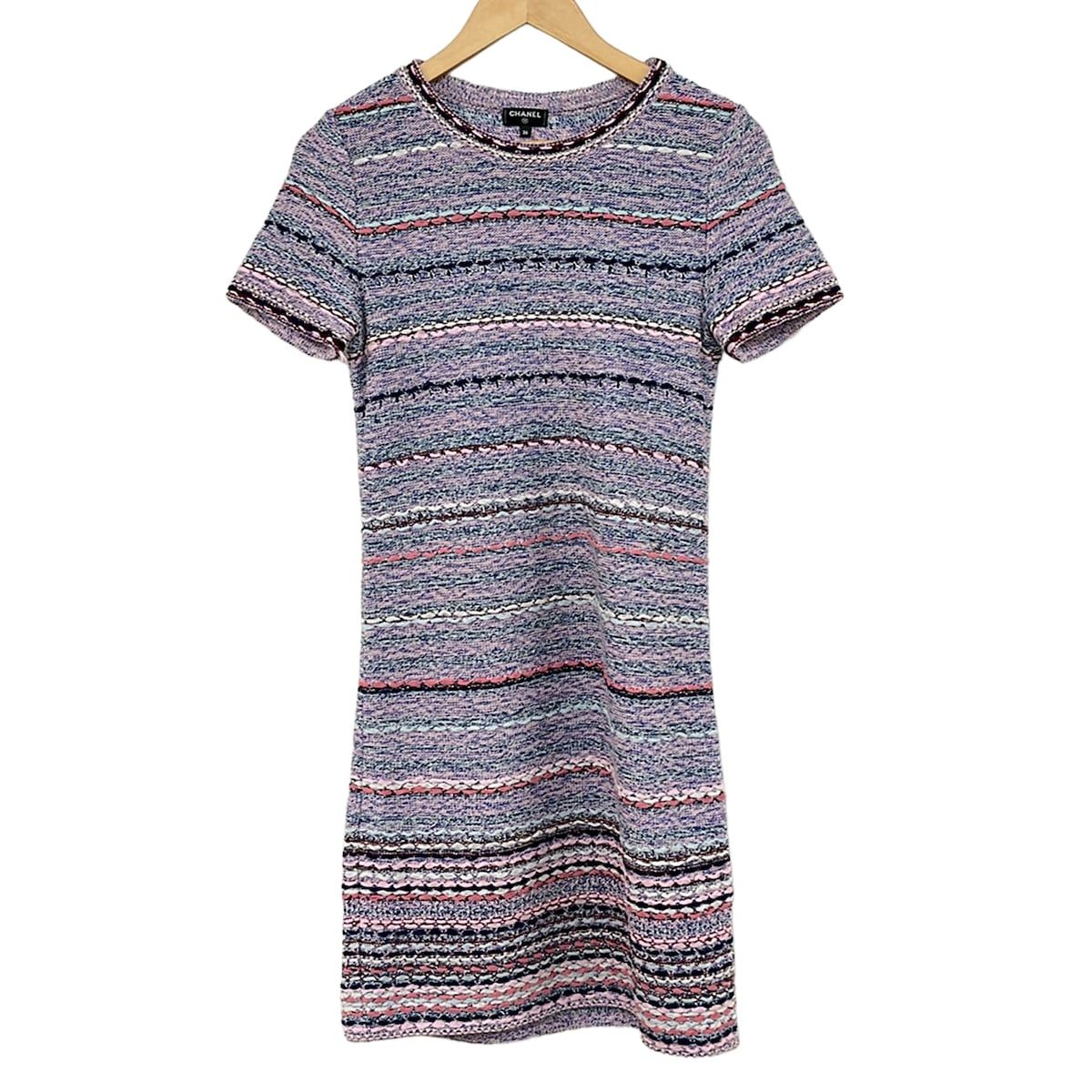 Chanel Dress 36 S Light Pink Blue Multi Short Sleeve Knee Length Tweed Knit
