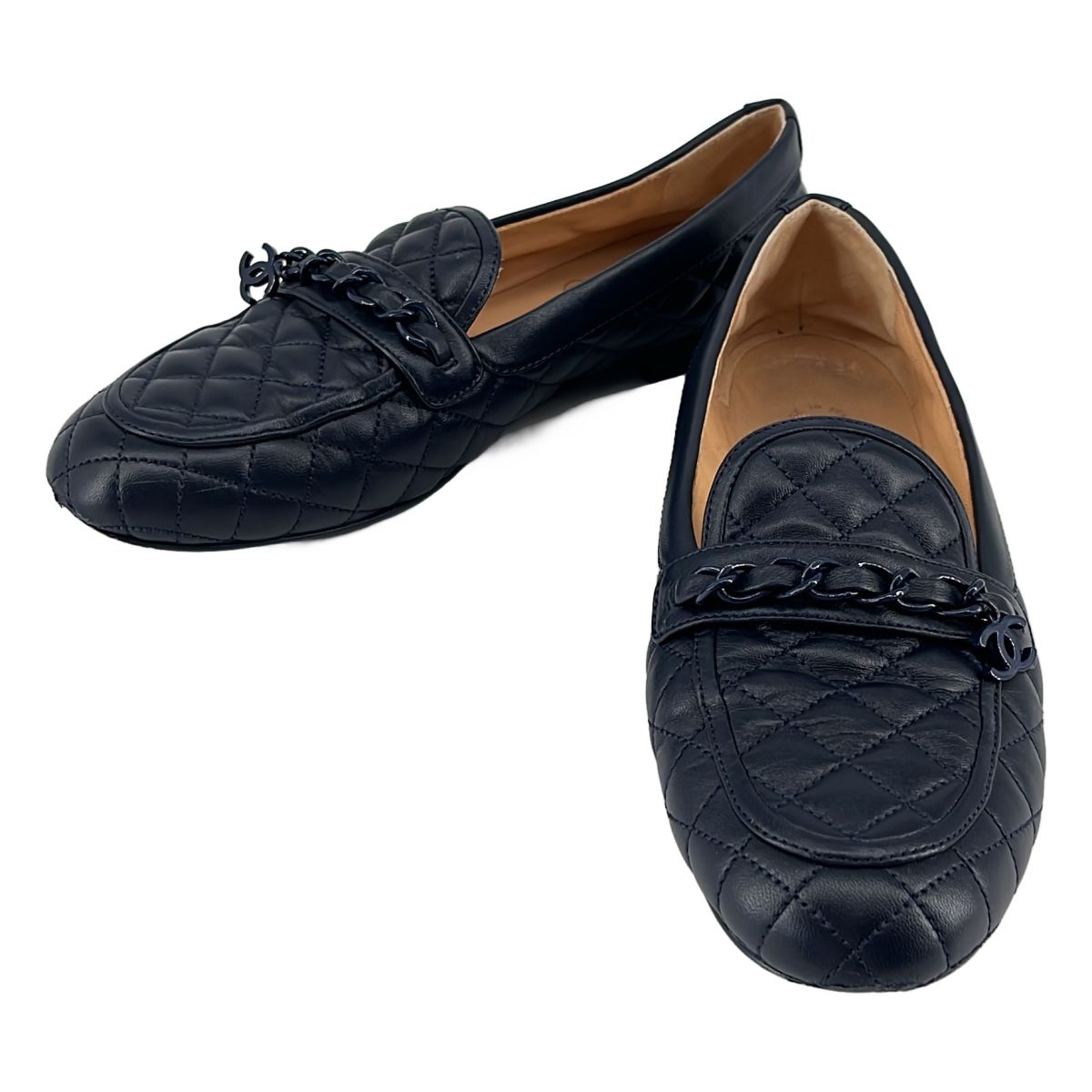 Chanel Quilted CC Logo Chain Pumps Navy Heel 37.5