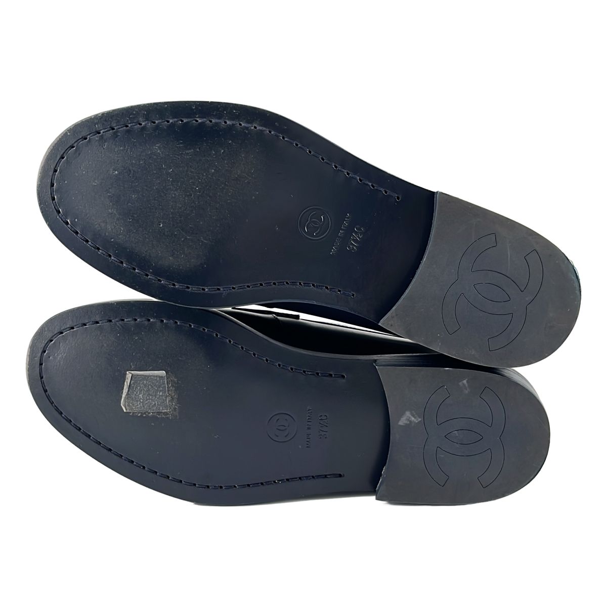 Chanel CC Logo Leather Bicolor Loafers Navy White 37.5 — view 5
