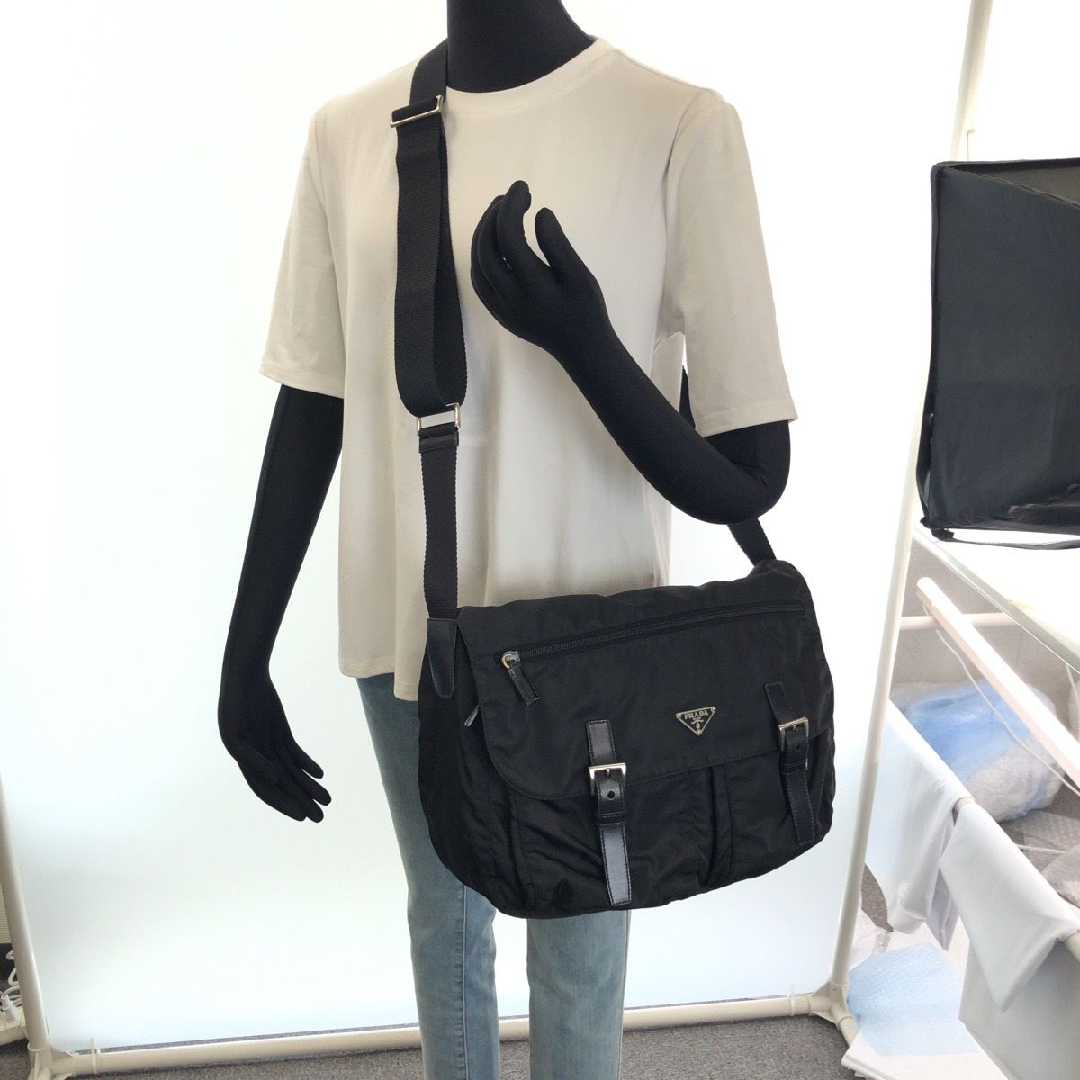 Prada Tessuto Black Silver Nylon Leather Shoulder — view 7