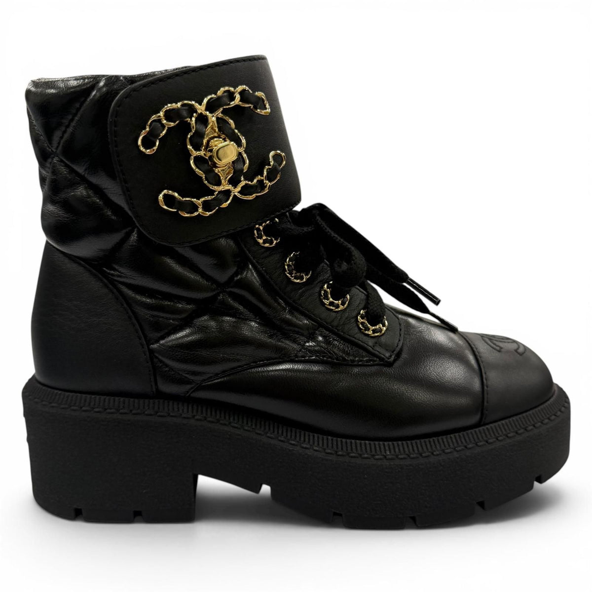 Chanel Quilted Chain CC Logo Turnlock Leather Short Boots Black 34 — view 7