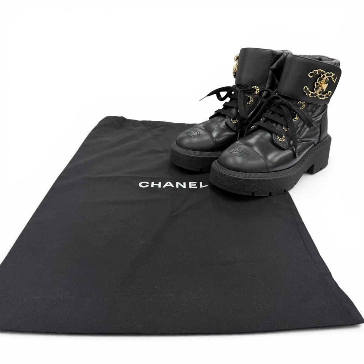 Chanel Quilted Chain CC Logo Turnlock Leather Short Boots Black 34 — view 2