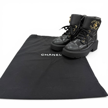 Chanel Quilted Chain CC Logo Turnlock Leather Short Boots Black 34 — view 2