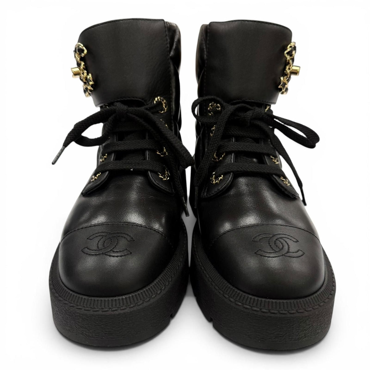 Chanel Quilted Chain CC Logo Turnlock Leather Short Boots Black 34 — view 3