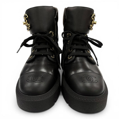 Chanel Quilted Chain CC Logo Turnlock Leather Short Boots Black 34 — view 3